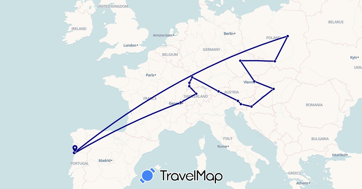 TravelMap itinerary: driving in Austria, Switzerland, Czech Republic, France, Croatia, Hungary, Poland, Portugal, Slovenia (Europe)